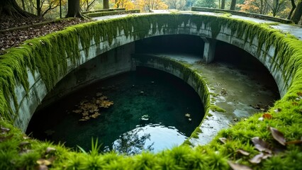 Green covered abandoned well with still water spiral channel deepening