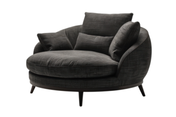A modern gray chair with pillows on a black background