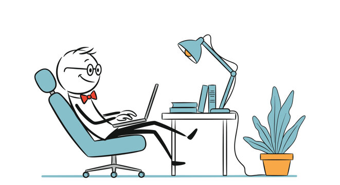 Relaxed stick figure man working on his laptop computer while sitting in a comfortable blue armchair at a tidy home office desk.