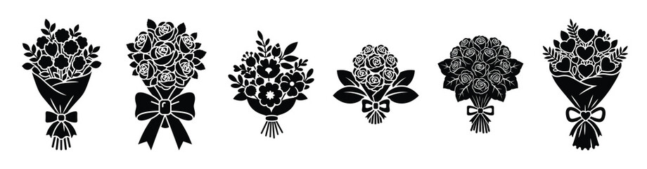 A set of valentine bouquet silhouette icon. Valentines Day vector isolated on transparent background.