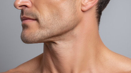 Fototapeta premium Male jawline close up with warm sun kissed skin and bright grey background, showing subtle facial hair and smooth neck in natural light