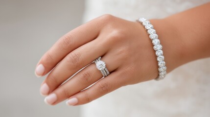 Elegant bridal hand adorned with sparkling diamond jewelry, featuring a stunning engagement ring and matching bracelet in soft lighting background