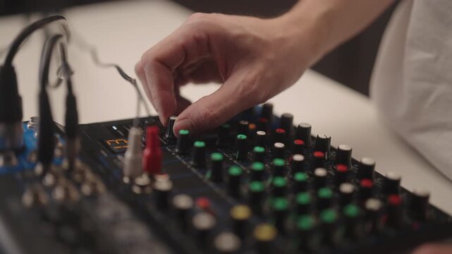 Close-up of skilled sound engineer adjusting faders and knobs on audio mixing console in studio, detailed professional equipment during music production and sound mixing session, slow motion.