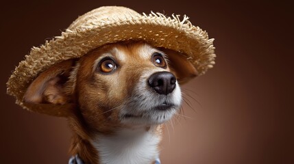 Adorable dog wearing straw hat with brown background