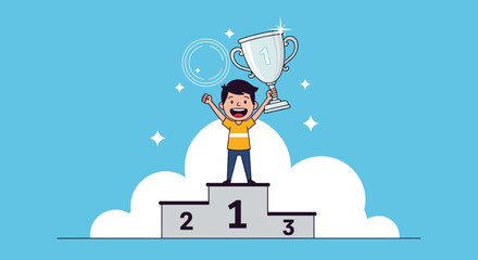 Happy young boy standing on a winner's podium celebrating his victory with a large silver first place trophy cup and stars.