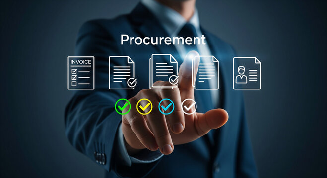 Businessman selecting procurement process steps on a digital interface for efficient workflow - Powered by Adobe