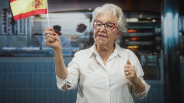 Elderly spanish woman waving a small spain flag with hand, smiling and wearing white shirt and glasses in a studio with oven props; pride support.