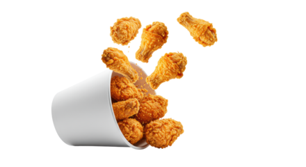 Crispy golden-brown fried chicken wings and tenders falling dynamically into a white paper bucket, scattering crumbs on a transparent background with copy space, concept for fast food advertising