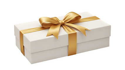 Elegant white gift box with shiny gold ribbon and bow, isolated on transparent background