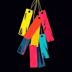 Vibrant colorful tags hanging on strings for labeling