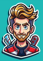 Cartoon male character in a red jacket with blonde hair