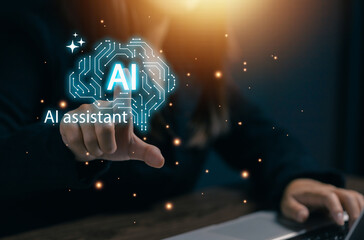 A professional interacts with an AI assistant interface featuring a digital brain icon, representing artificial intelligence, smart automation, virtual assistants, and future business technology.