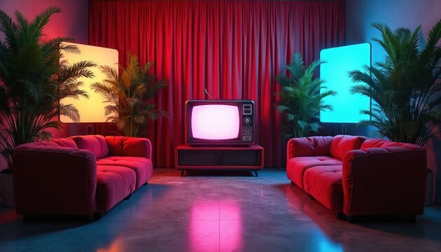 Retro TV set sits on stand between two red sofas. Lush green plants flank bright illuminated panels. Red curtains form backdrop in studio setting. Neon lights cast colorful glow.