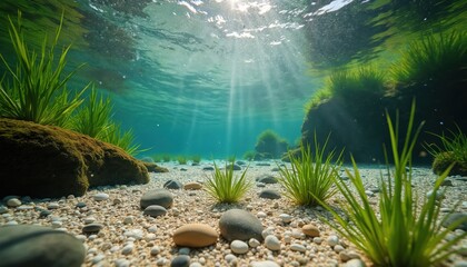Underwater scene with sunlight rays penetrating clear water onto pebble seabed. Green aquatic grass grows on rocks and sandy bottom. Peaceful nature aquatic environment.