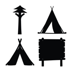 Outdoor adventure camping elements: stylized tree, teepee tent, and rustic wooden sign