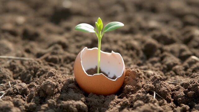 Tiny seedling sprouting from cracked eggshell resting in dry soil, symbolizing growth and renewal.
