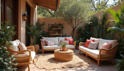 Boho-chic patio with rattan furniture, soft cushions, and string lights create cozy outdoor living space. Lush plants and warm lighting add to inviting ambiance for relaxation and social gatherings.
