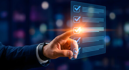 businessman touching virtual checklist on screen