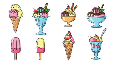 Mouth-watering selection of frozen desserts including ice cream cones with multiple scoops, sundaes in glasses, and colorful popsicles.