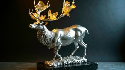 Silver patterned deer sculpture curled up with branches and horns