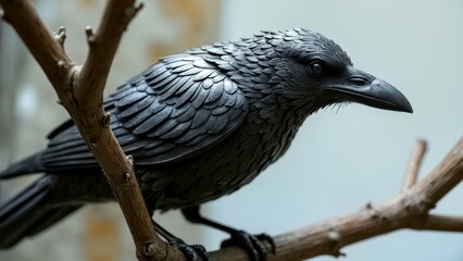 Grey feathered raven sculpture curled up, resting on branches