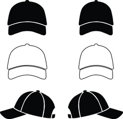 Collection of baseball caps isolated on white background, classic black cap silhouettes