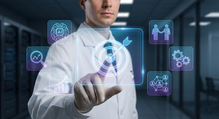 man in lab coat touching virtual interface with ai and data analysis icons
