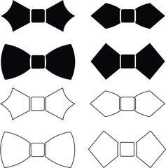 Set of bow tie shapes isolated on white background, formal bow tie outline and solid silhouette set