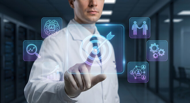 man in lab coat touching virtual interface with ai and data analysis icons - Powered by Adobe