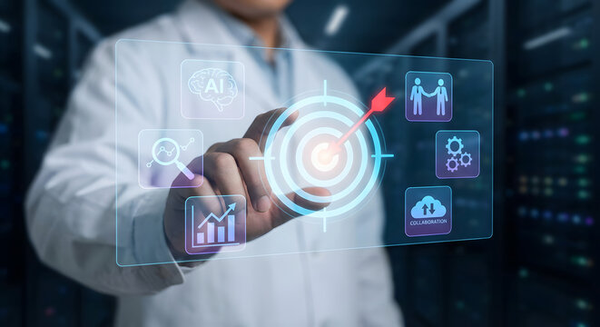 Businessman interacting with virtual interface, AI and data analysis - Powered by Adobe