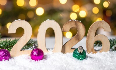 Festive 2026 New Year Celebration on Snow with Baubles