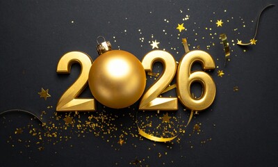 Golden 2026 New Year Celebration with Christmas Ornament