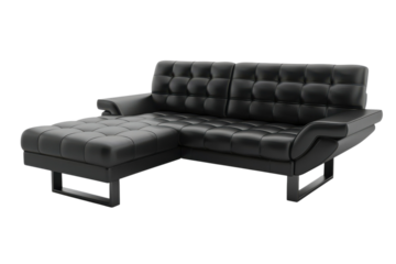 A sleek black leather sofa bed in a modern living room