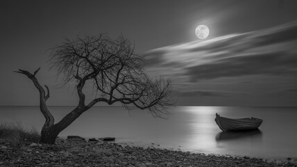 A black and white atmospheric landscape photograph of a solitary tree on a rocky beach at night. The tree has twisted, bare branches and a gnarled trunk, positioned on the left side of the frame.