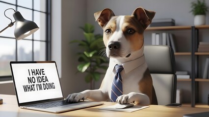 Funny motivational quote typography featuring ultra realistic dog working at office desk, playful humor concept, bright lighting, modern stock image design