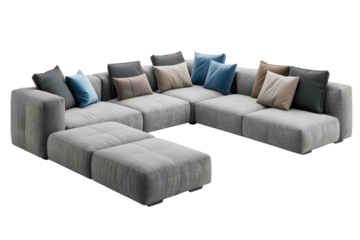A modern gray sectional sofa with colorful pillows
