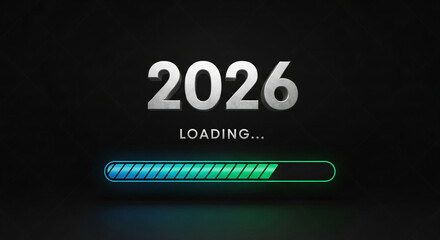 Image of number 2026 with loading bar on dark backdrop, representing anticipation and progress towards the coming year, future expectation
