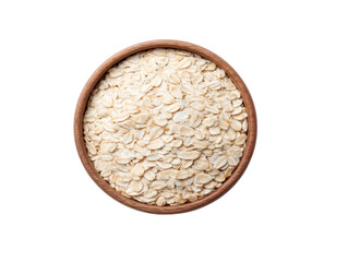 Rolled oat healthy grain organic food breakfast ingredient natural fiber vegan vegetarian rustic wooden bowl isolated transparency background. Nutritious rolled oat wooden bowl perfect for healthy