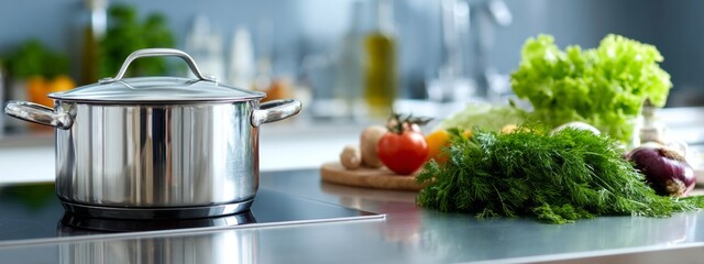 A large silver pot sits on a counter next to a variety of vegetables