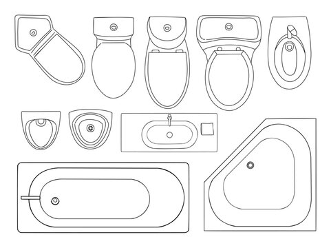 Black and white technical line illustration of bathroom fixtures including toilets, urinals, sink, and bathtubs shown in top view grid layout.