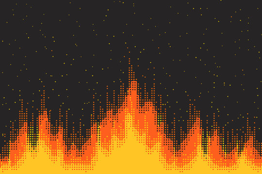Pixel art fire and flames with rising sparks on a black background, retro 8-bit game style