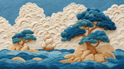 Naklejka premium Tranquil Coastal Scene Featuring Embroidered Trees, Sailing Ship, and Waves on Textured Fabric Background in Vibrant Colors