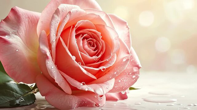 Close up view of wet pink rose with water drops on a soft blurry background in daylight