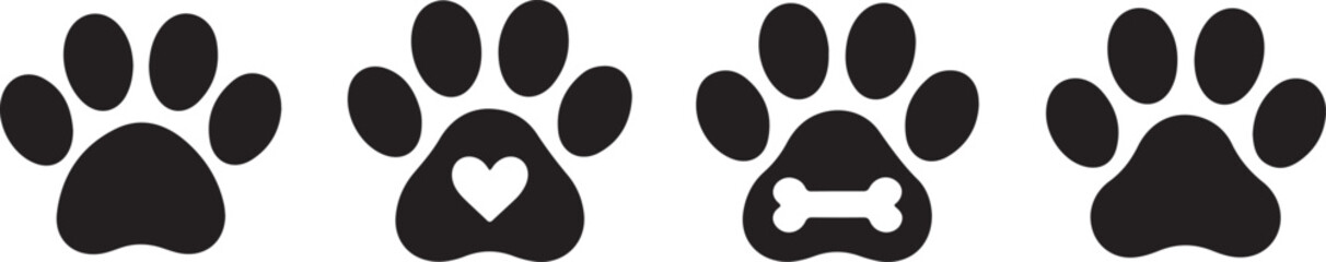 Four black paw prints featuring a heart bone and solid shapes