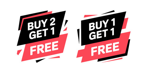 Buy 2 get 1 free and buy 1 get 1 free promotional sale labels or badges isolated on white background