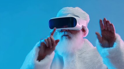 Old man in virtual reality headset explores digital world in bright room
