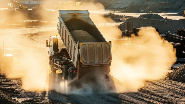 A heavy-duty truck navigates through a dusty construction site, kicking up clouds of dirt and debris, for medical 3d anatomy stock footage and medical explainer 3d human body visuals