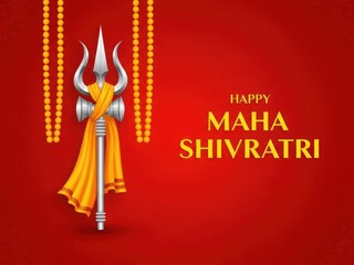 Happy maha shivratri greeting with trishul and yellow fabric