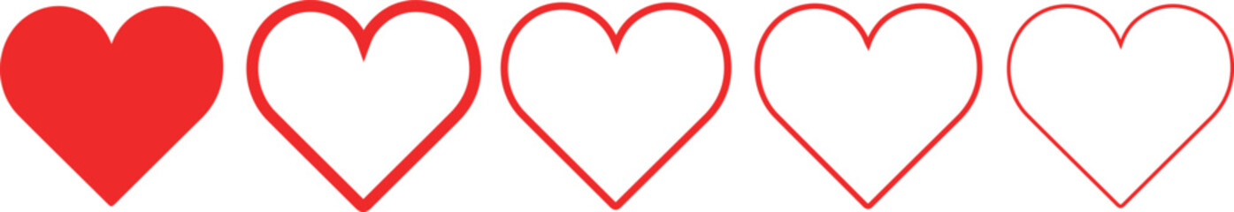 A row of five hearts progressively fading from solid red to outline