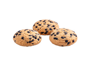 Three round chocolate chip cookies with golden brown color and cracked surface, isolated on transparency background, evoke sense of homemade comfort and sweetness